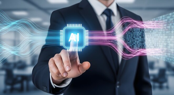 Professional businessman interacts with glowing AI chip interface, symbolizing data processing and future technology in a modern office setting
