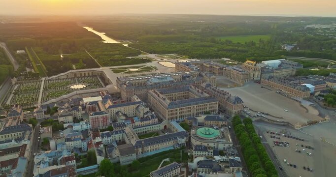 Aerial view of Palace of Versailles and the gardens surrounding it, France