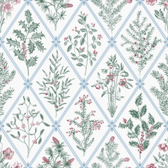 Floral trellis. Seamless vector pattern. Winter flora. Green, blue and red.