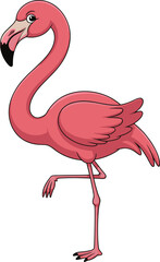 Cartoon pink flamingo bird standing on one leg, tropical wildlife illustration, exotic animal drawing, cute character design for children, vector.