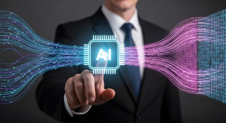 Dynamic businessman interacts with glowing AI chip, visualizing data streams and digital transformation for future innovation.
