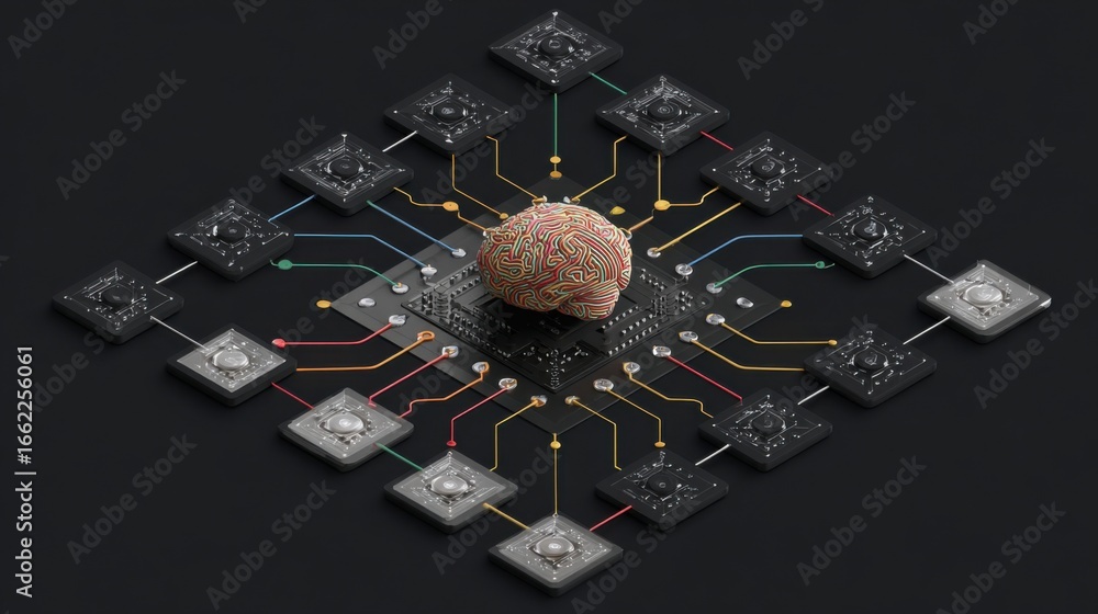 Poster a brain on a circuit board with many different colored wires