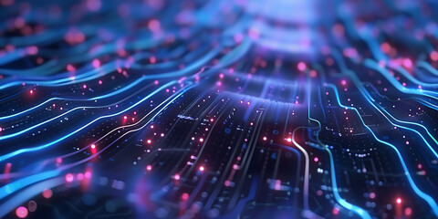 Circuit board with glowing blue lines and red nodes
