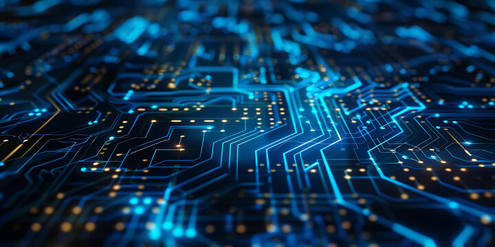 Circuit board with glowing blue lines and nodes symbolizing advanced technology