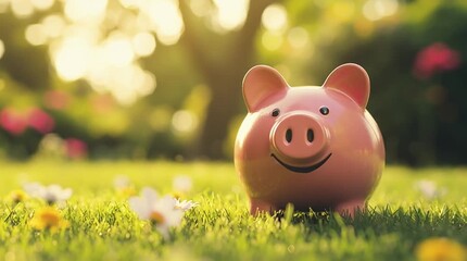 A cheerful pink piggy bank nestled amidst lush green grass and sunlight, symbolizing savings, financial planning and the growth of wealth.
