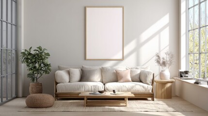 Fototapeta premium a living room with a couch and a coffee table