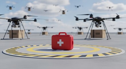 Naklejka premium Emergency medical drones deliver life-saving supplies to remote locations with a focus on rapid response and patient care