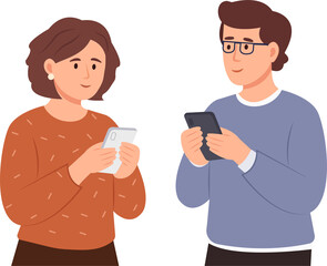  Man and woman couple with mobile phones during internet communication in live chat. Friends using smartphones, messenger, social media to communicate.