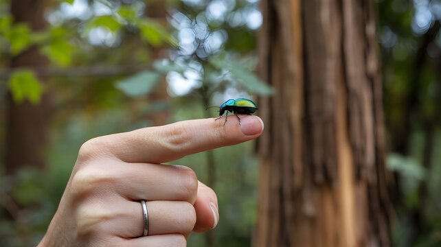 A Tiny, iridescent beetle perched on the finger of a person, showcasing the beauty of nature