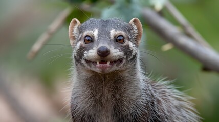A close-up of an adorable animal, potentially a ferret, with a captivating smile and engaging expression. The creature's detailed features are visible. It's positioned against a blurred background.