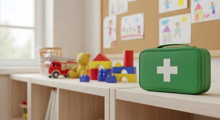 Essential first aid kit ready for emergencies alongside colorful children's toys and artwork, symbolizing safety and care in a playful environment.