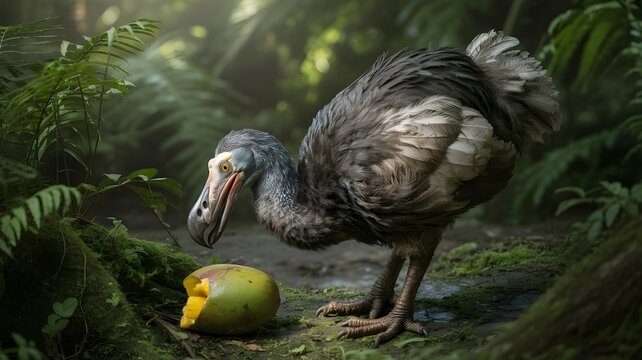 A detailed image of a dodo bird standing near a ripe fruit in a forest, the dodo is extinct, this captures a moment of curiosity and history