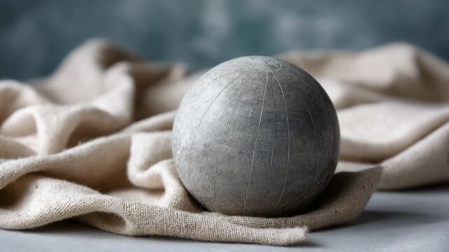 A grey stone is sitting on a white cloth. The cloth is folded and has a pattern. Earth globe wrapped in natural linen fabric, sustainable fashion practices, clean conceptual soft light background