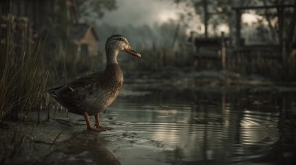 A serene scene unfolds as a solitary duck rests peacefully by a tranquil pond. With its feathers perfectly groomed, it stands gracefully, gazing at the world around it. 