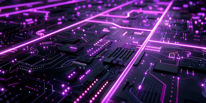 "Neon-Lit Circuit Board with Glowing Lines and Components"