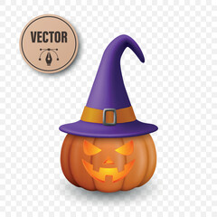 Vector Halloween Pumpkin with Witch Hat. Glowing Jack-o-Lantern with Spooky Smile and Witch Hat for Halloween Party Decor. Halloween Digital Clipart