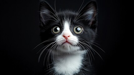 Adorable Black and White Kitten with Big Eyes.