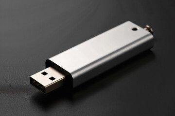 Sleek silver USB flash drive rests on a dark, reflective surface, representing modern technology, data storage, and digital information transfer