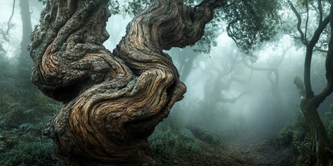 A twisted tree trunk in a foggy forest, gnarled bark textures, moody cinematic lighting.