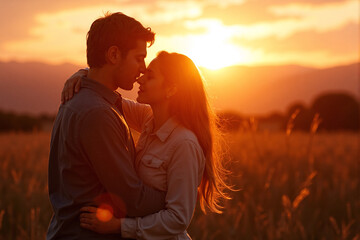 romantic silhouette of a young couple kissing passionately in a golden field at sunset, a beautiful and emotional moment of love, intimacy, and a happy relationship