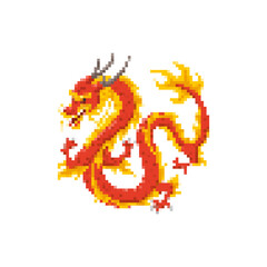 A pixelated dragon in bright red, detailed in a mosaic style, is breathing vibrant orange flames.