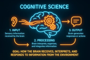 Neon Brain Cognitive Processing and Information Flow Infographic