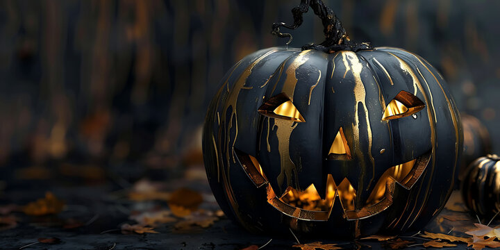 "Halloween Pumpkin with Glowing Eyes and Mouth on Dark Background"