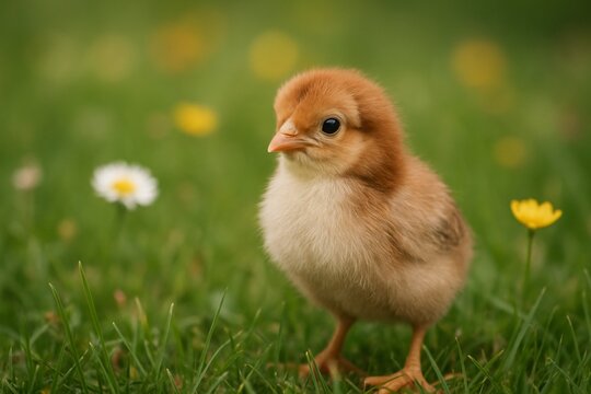 Fluffy orange baby chick standing in green grass with flowers