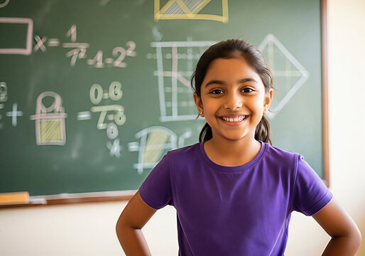 Happy schoolgirl smiles in classroom near the chalkboard. A cheerful portrait displaying confidence and joy. Academic success, educational environment, future aspirations.