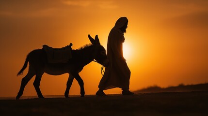 The good samaritan carrying the wounded man on a donkey at sunset, symbolizing mercy, kindness, and compassion.