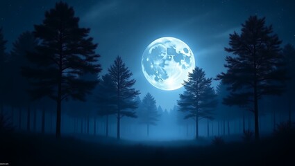 Majestic Full Moon Illuminating a Forest Landscape in Ethereal Blue Light for a Dreamy Night Scene