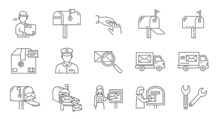 Comprehensive linear icon set representing postal services, mail delivery, and correspondence logistics