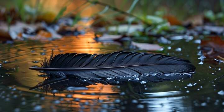 "Black Feather Floating on a Puddle Surrounded by Autumn Leaves"