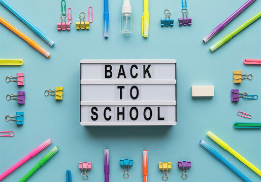 A light box displaying 'Back to School' is surrounded by colorful school supplies on blue background. An overhead flat lay of education and learning. Creative arrangement, academic success, education 