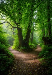 Obraz premium Lush forest path fork