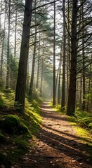 Obraz premium Sunlit path through a tranquil forest