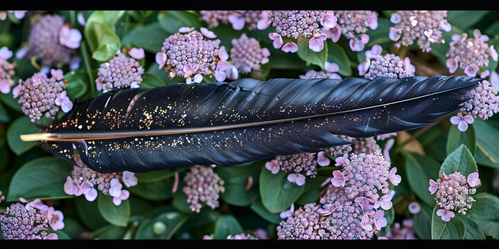 "Black Feather with Gold Tips Resting on Purple Flowers and Green Leaves"