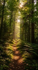 Sunlight path through lush forest