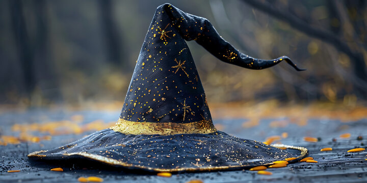 "Witch Hat with Yellow Band Resting on Leafy Ground"