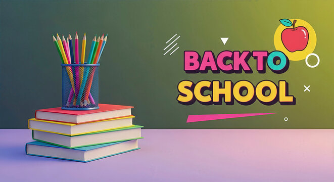 Colorful pencils in a holder atop stacked books, against a green background with "Back to School" text. A playful shot for education themes. Academic success, learning resources, creative education.