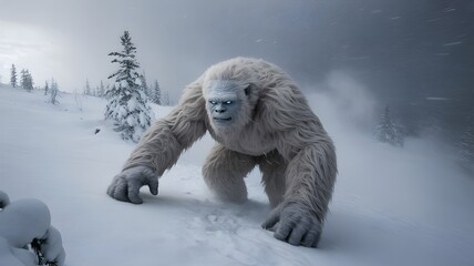 A majestic yeti traverses a snowy mountain. The creature's white fur contrasts with the stark landscape, creating a sense of mystery and awe