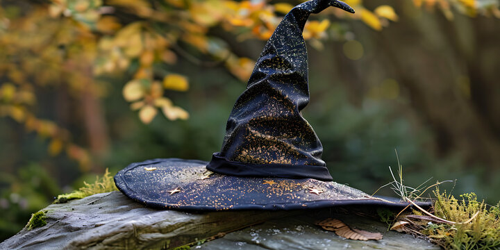 "Black Wizard&rsquo;s Hat with Intricate Designs on Moss-Covered Rock Amid Autumn Foliage"