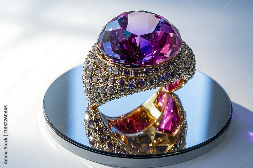 Poster mirrored surface highlighting a statement ring with shining gems