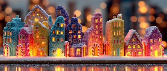 Naklejka premium Festive Lit Ceramic Houses on Reflective Surface