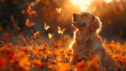 Golden retriever sits amidst a field of orange flowers, with butterflies fluttering around in a warm sunset glow.