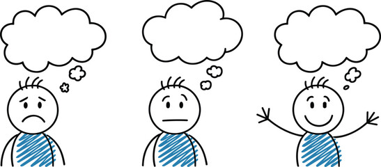 Cartoon Stickman Emotional Expression Set – Sad, Neutral, Happy Faces with Thought Bubbles, Doodle Character Mood Concept for Psychology, Therapy, Mental 