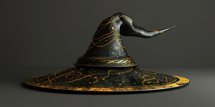 "Decorative Wizard Hat with Gold Accents on Gray Background"