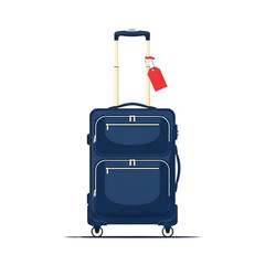 Blue Rolling Suitcase With Red Tag luggage travel isolated on a transparent background, png.
