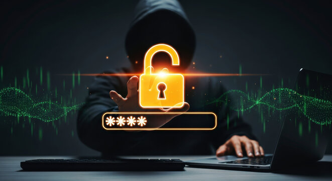 Hacker trying to access data on a laptop. A conceptual shot of digital security. Internet crime, data theft.