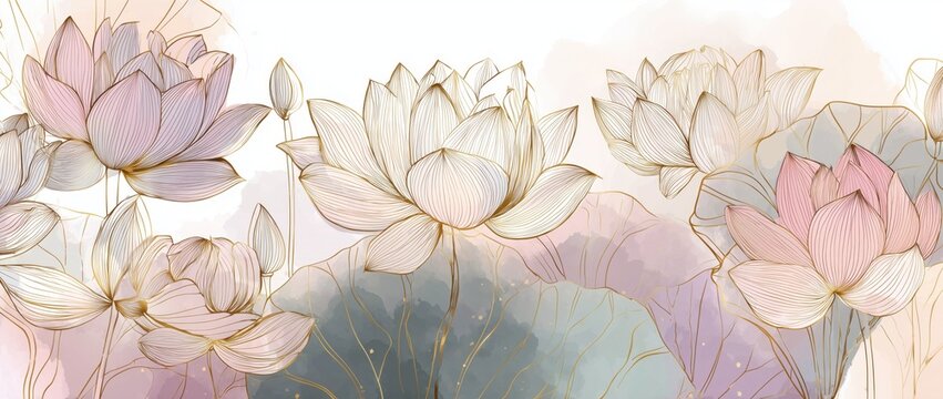 A delicate line art background featuring lotus flowers in soft pastel colors, with subtle gold outlines for an elegant and tranquil feel Generative AI